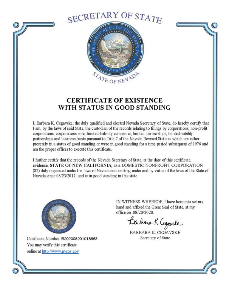 Certificate of Existence-State of New California